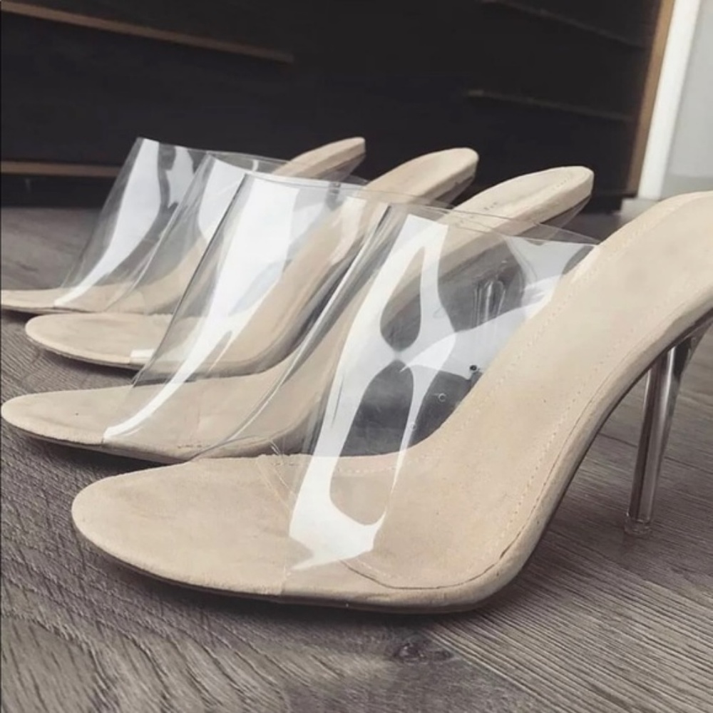 NEW🔥 Transparent Clear Nude PVC Open Toe Mules Sandal Lucite Stiletto High Heel - Picture 5 of 6